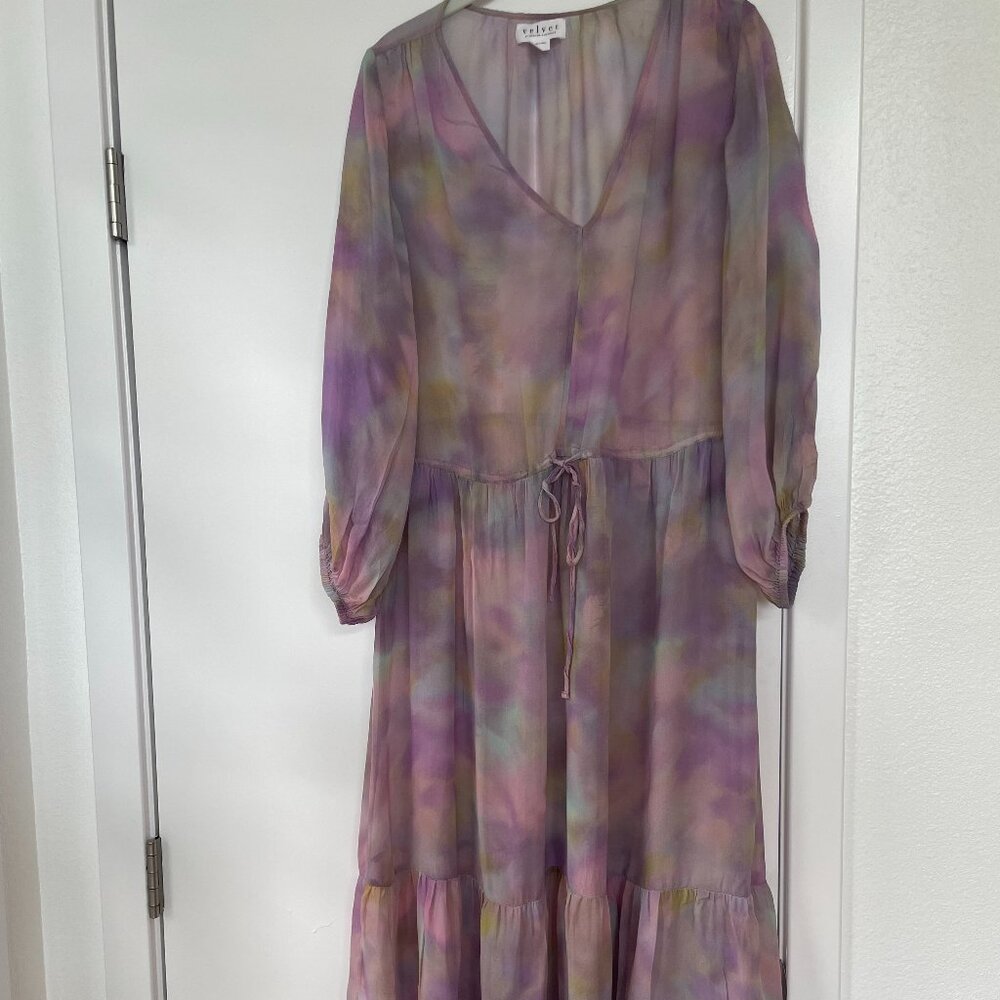 Velvet Sheer Midi Dress in Watercolor‎ Pink, Long-Sleeve, Front-Tie Size Large